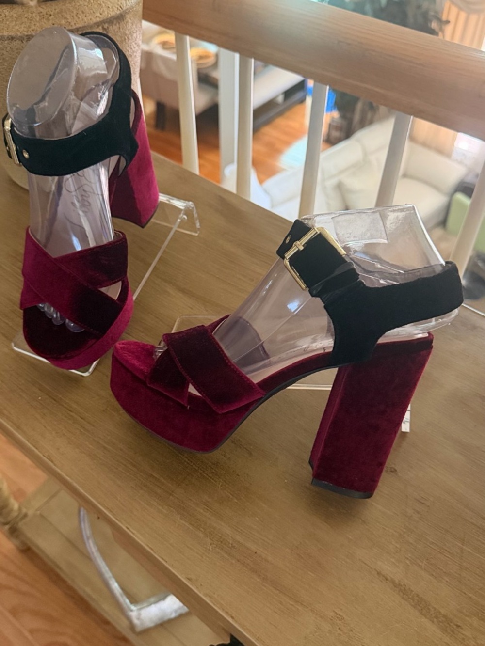 Libby. edelman Burgundy and Black Velvet Platform Block Heel Sandals - Picture 9 of 16